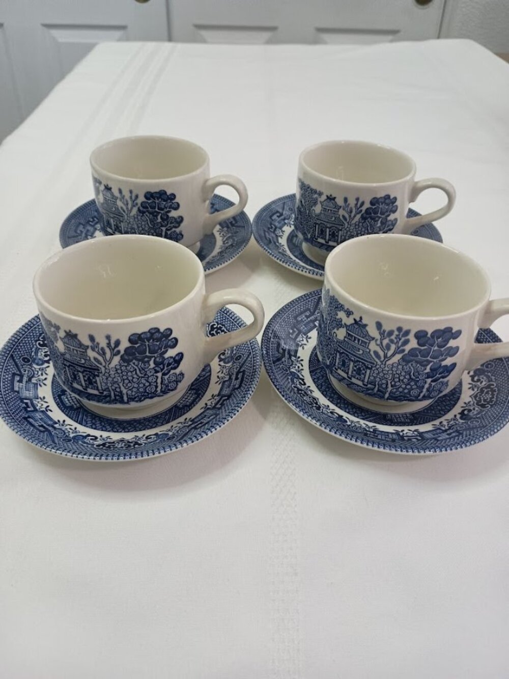 Churchill Blue Willow Teacups and Saucers, Set of 4